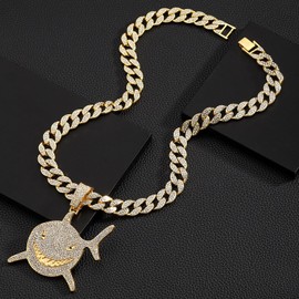 EDINGM Cuban Link Chain for Men, Miami Mens Chain Silver Gold Plated Bling Necklace Diamond Chain for Men Iced Out Chain Hip Hop Jewelry (Gold Chain+Shark Pendant)