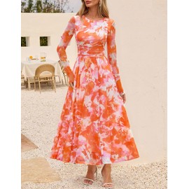 ZESICA Women's Maxi Dress 2025 Fall Long Sleeve Crewneck Floral Print Mesh Ruched Party Wedding Guest Dresses Orange Small