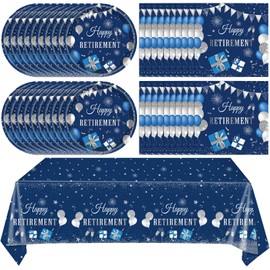 41Pcs Blue Retirement Party Decorations, Happy Retirement Party Supplies Includes 20 Plates, 20 Napkins and 1 Tablecloth, Blue Silver Disposable Dinnerware for Women Men Retirement Party Tableware