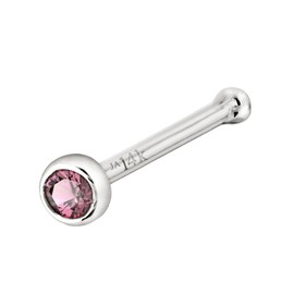 Solid 14K Gold Ball-end Stud Bezel Set Pink Tourmaline 22G Nose Bone Nose Stud - 14K White Gold / 14K Yellow Gold October Birthstone Nose Ring Stud, Metal, tourmaline