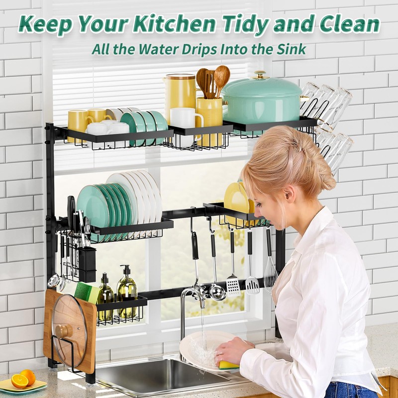 Over The Sink Dish Drying Rack,Expandable Length 3-Tier Large Stainless