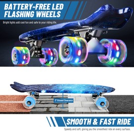 BELEEV Skateboard for Kids Ages 3-12, 22 inch Mini Cruiser Skateboard for Beginners Girls Boys Teens Adults, Classic Complete Skateboard with LED Light up Wheels, All-in-One Skate T-Tool (Nebula Blue)