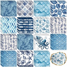 Glenmal 120 Pack 13 Inch Coastal Beach Blue Style Decoupage Napkins, 12 Styles Sea Animal Summer Decorative Cocktail Napkins DIY Crafting Guest Tea Party Scrapbook Holiday Wedding Baby Shower