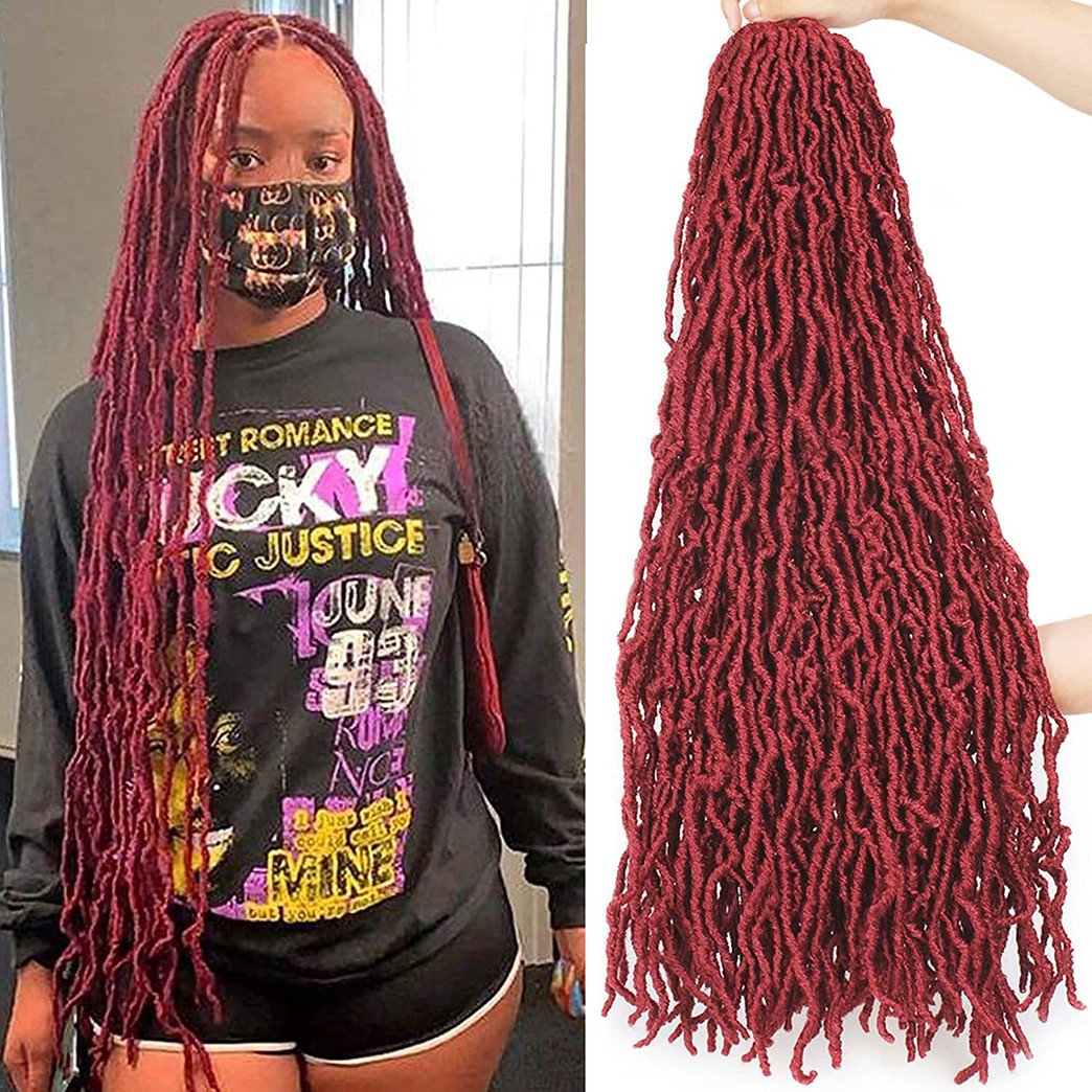Leeven 36 Inch Burgundy Super Long Soft Locs New Faux Locs Crochet Hair 1 Pack Pre-looped Distressed Goddess Locs Curly Wavy Afro Roots Crochet Braids Synthetic Braiding Hair for Women 21Stands #BUG