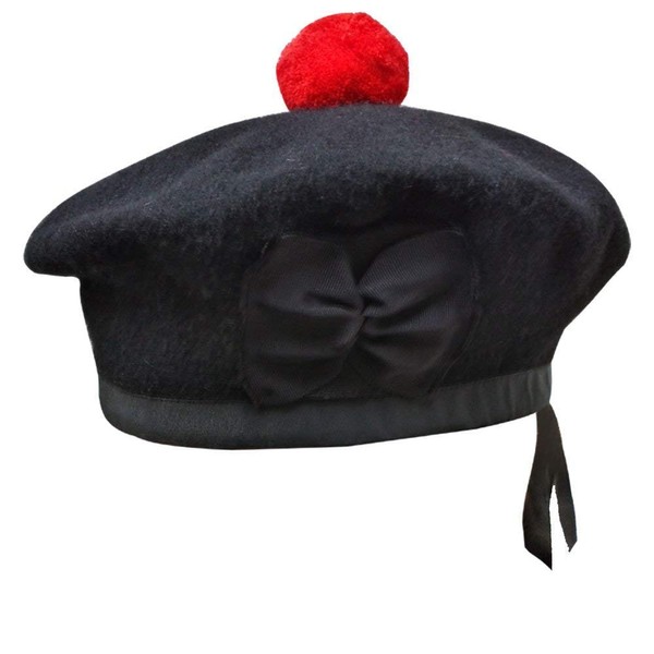 Men's Scottish Glengarry Balmoral Kilt Hats Diced & Plain 100% Wool Piper {Plain Black Balmoral 61cm (7 5/8)}