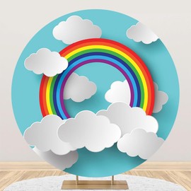 Renaiss 7x7ft Rainbow Round Backdrop Cover for Photoshoot Boy Girl Baby Portrait Paper Cutting Style Clouds Blue Sky Circle Photography Background Baby Shower Birthday Party Decor Photo Booth Prop