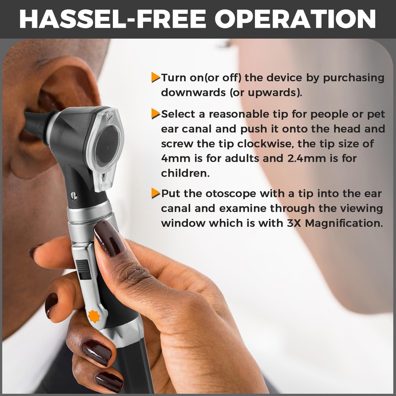 Otoscope Kit, Ear Scope with Light, 3X Magnification, 4 Speculum