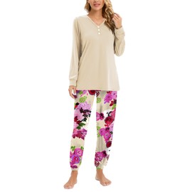 Famulily Womens Pajamas Casual V Neck Long Sleeve Top and Elastic Waist with Drawstring Long Pants Beige M