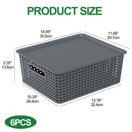 Idotry Plastic Storage Baskets with Lids, Organizer Bins, 6-Pack, Gray