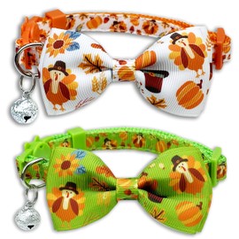 Pohshido Fall Cat Collar with bell, Kitty Kitten Autumn Thanksgiving Safety Breakaway Collar with Turkey and Pumpkin Spice Pattern(Adjustable Size from 7.8-12.8 inch) (Pattern C)