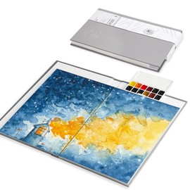 Paul Rubens Watercolour Kit,12 Colours Travel Watercolor Set, with 24 Sheet 140lb/300gsm 100% Cotton Acid-Free Hot Press Watercolour Sketchbook with Glitter Effect (5.3 * 7.7 inches)