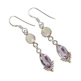 Ohrringe aus Sterlingsilber, Amethyst, Regenbogen-Mondstein, 12 x 6 mm, Marquiseschliff und 5 mm, runde Edelstein-Tropfenohrringe, Lünetten-Set, lila-blau, baumelnder Schmuck, handgefertigtes Geschenk