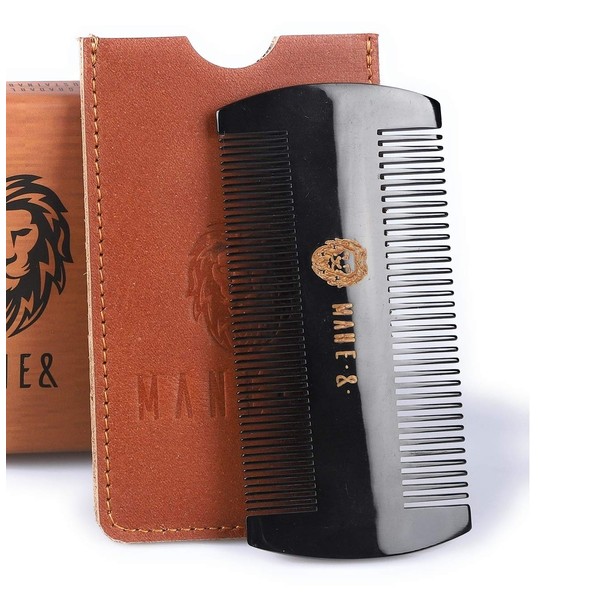 Premium 100% Oxhorn Dual-Action Beard Comb with Genuine Leather Case – the Perfect Beard Grooming Gift for Men by Man & Mane.