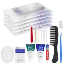 Toiletry Kits Travel Essentials Disposable Hygiene in Bulk, Trial Size Toiletries Supplies Individually Wrapped Traveling Personal Care Items, for Camping, Hotel, Homeless, Charity, 8-in-1 (5-Pack)