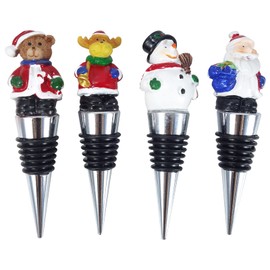Christmas Wine Stopper Set of 4 - Silicone Bottom Cute Decor - Santa Shapes Leakproof Xmas Gift for Liquor Bottles, Bar, Kitchen, Home Accessories (Mix Decor)