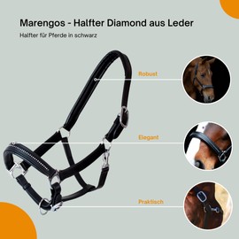 Marengos - Diamond Leather Headcollar | Halter for Horses | Horse Halter with Colour-Lined Noseband & Headpiece | Elegant Leather Halter | Horse Accessories in Black | Pony