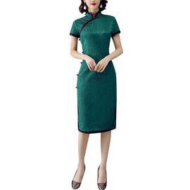 Women's Floral Lace Cheongsam Elegant Cap Sleeve Mandarin Collar Chinese Party Qipao Vintage Costume, 02-133c# Green, M