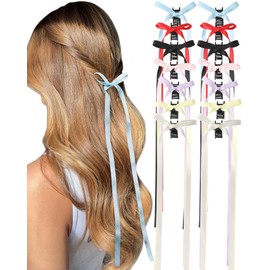 14 PCS Ribbon Bow Clips for Women Girls Tassel Ribbon Bowknot Hair Clips with Long Tail Hair Bows Clips (Blue*2/Black*2/Red*2/Pink*2/Purple*2/Yellow*2/Beige*2)