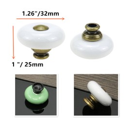 Tsnamay 6 Pieces White Ceramic Knob Kitchen Door Cabinets Cupboard Single Hole Pull Handles with Screws,1.26inch/32mm Dia. White+Gold Point
