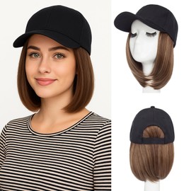MY-LADY Hat Wig Hat with Hair Attached for Women Baseball Cap with Hair Extensions Adjustable Short Straight Synthetic Hairpiece 6" Black Cap to 10P22T