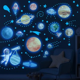 Watercolor Glow in The Dark Stars Solar System Wall Decals, Kids Planets Sticker for Ceiling, Astronaut Wall Stickers for Bedroom（Blue）