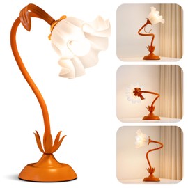 WERFOP Vintage Flower Table Lamp,‎ LED Reading Lamp Cute Flower Bedside Night Light 3 Color Modes Gooseneck Desk Lamp Kawaii Decor for Living Room Bedroom Home (Orange)