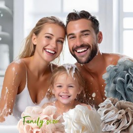 Lifesiddle Loofah-Bath Sponge Set-Large, 4 Pack Bath Scrubbers, Soft Mesh Black Puff-Cleansing Body Scrub for Men and Women: Skin Soothing Exfoliation Tools (Dark Blue-White-Pink-Light Brown-60g)