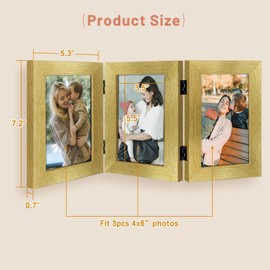 Golden State Art, 4x6 Three Picture Frame Trifold Hinged Photo Frame with 3 Openings, Desk Top Family Picture Collage, with Real Glass (4x6 Triple, Gold, 1-Pack)