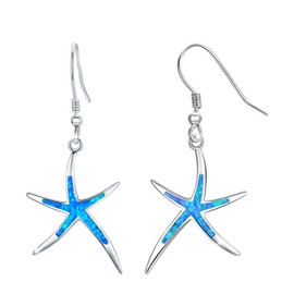 Starfish Earrings, 925 Sterling Silver with Blue Opal Fish Hoops Earings, Nautical Hawaiian Sea Beach Earrings, Starfish Jewelry for Women Starfish Lovers