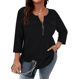 Viracy Plus Size Sweaters for Curvy Women,Elbow Sleeve Tops for Women Fall and Winter Basic Clothing Solid Color Shirts Casual Knit V Neck Lightweight Tunic Tops Black 3XL