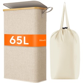 Lifewit 65L Slim Laundry Hamper with Lid, Narrow Laundry Basket with Removable Bag & Bamboo Handles, Fodable Thin Dirty Clothes Hamper for Laundry Collapsible Bin for Bathroom Bedroom Dorm, Beige
