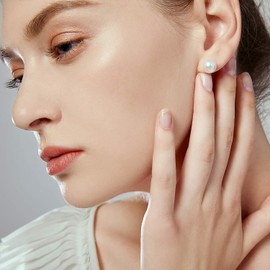 10mm Pearl Earrings 14K White Gold Real Freshwater Cultured Pearl Stud Earrings for Women