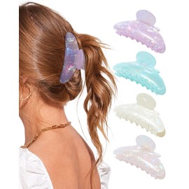 Lourny Acrylic Hair Clips for Women, 4.1 Inch Large Claw Clips for Hair Lightweight 4 PCS Non-Slip Cute Jaw Clips (White+Pink+Green+Champagne)