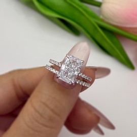 AUROGEM Radiant Cut Wedding Ring Set for Women, 3.5 Carat Platinum S925 Engagement Ring White Cubic Zirconia ,Sterling Silver Bridal Set, Women's Wedding Bands,Matching Wedding Rings for Her, Elegant Engagement Ring Set for women (8)