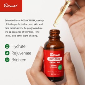 Beemat Rosehip Vitamin C Face Oil w/Turmeric 100% Natural Skin Care Facial Oil Cold Pressed Rosehip Oil for face For Brightening Hydrating & Rejuvenating 1oz/30ml