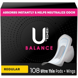 U by Kotex Balance Ultra Thin Pads with Wings, Regular Absorbency, 108 Count (6 Packs of 18) (Packaging May Vary)