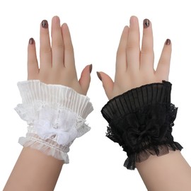 JK Home 2 Pairs False Sleeve Wrist Cuff Gloves, Lace Ruffle Layered Stretch Detachable Fake Sleeve Cuffs, Gothic Steampunk Jabot Cuffs Bracelet Costume F
