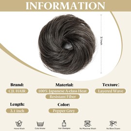 CJL Hair 2PCs Small Cute Messy Bun Hair Piece for Thin Hair Women Girl Mini Synthetic Curly Bun Scrunchies Updo Hairpieces for Kids Pepper Grey