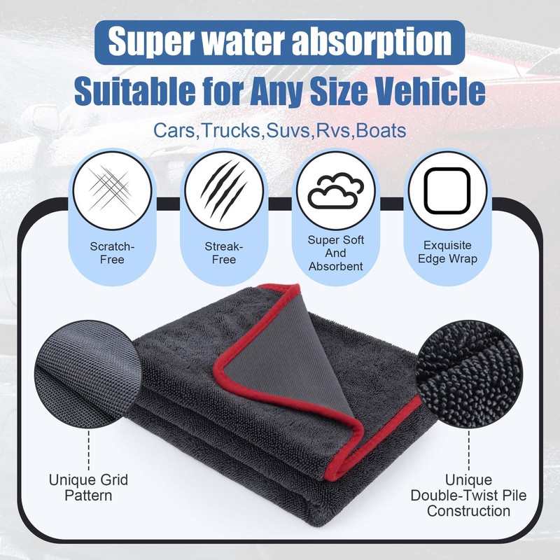 BREENHILL Microfiber Car Drying Towel,600 GSM Double Twisted Loop Detailing