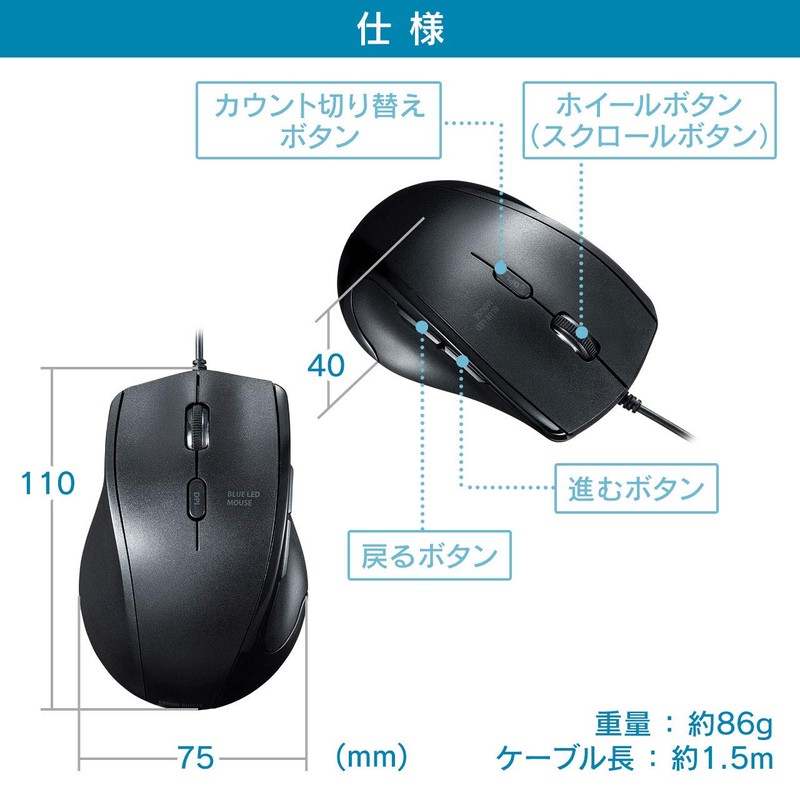 Sanwa Supply MA-BL165BK Quiet Wired Blue LED Mouse (For Left