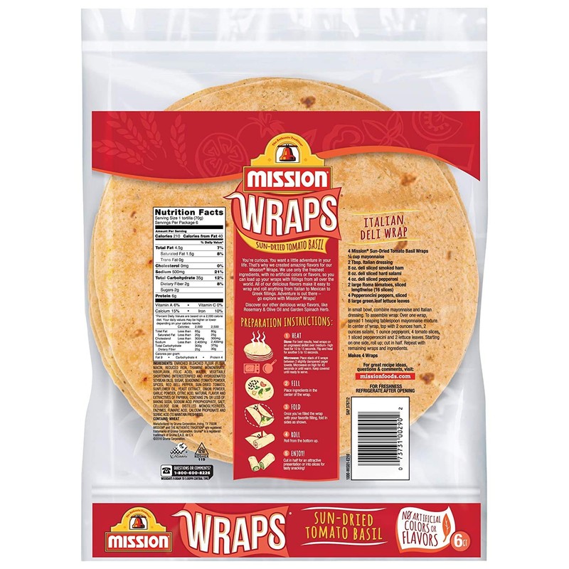 Mission Sun-Dried Tomato Basil Wraps, Soft Veggie Wraps, Trans Fat
