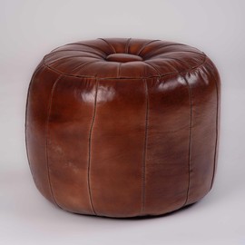 Round Shaped Buffalo Leather Handmade Eco-Friendly Brown Pouf -Round Pouf, 16"x16" x16", Plain Solid Pouf, Buffalo Leather Pouf, Recycled Foam with Fibre Fill Stuffed Pouf, Seating Pouf PF41