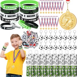 JaGely 114 Pcs Soccer Party Favors Set Soccer Goodie Bag Fillers Include 16 Silicone Bracelets 16 Soccer Medals 16 Soccer Keychains 16 Paper Bag 50 Soccer Stickers for Kids Adult Sports Birthday Party