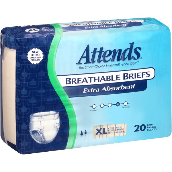 Attends Breathable Briefs with Odor Shield for Adult Incontinence Care, Large, Unisex, 20 Count (Pack of 3)