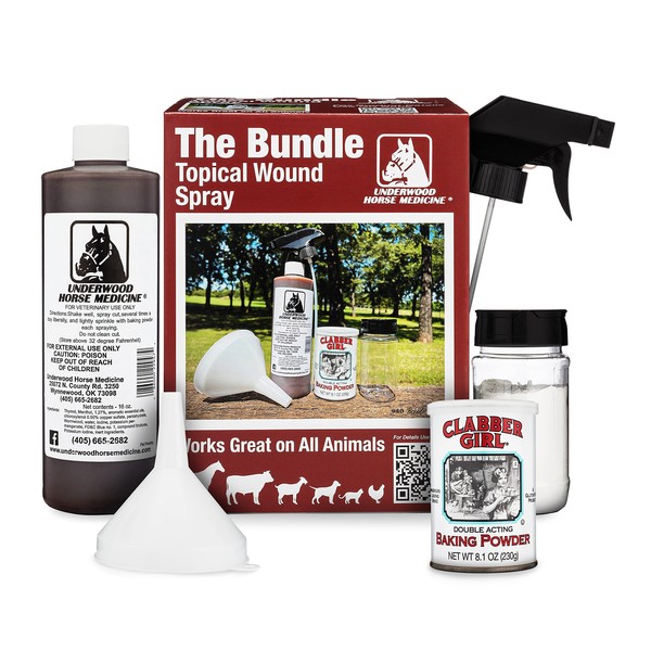 Topical Wound Spray Kit - 16 oz Refill Bottle w/Baking Powder, Funnel, Spray Trigger, & Shaker - Equine First Aid Kit Must-Have Antiseptic Spray for Wounds - Horse Wound Care for Equine & Animals