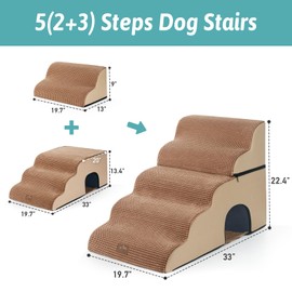 COZY KISS Wide Dog Stairs for Bed with Tunnel 19.7" Width, Foam Detachable Large Dog Step for Small Dog, Puppy or Cats, Medium Pet Ramp for High Bed or Car, 19.7x33x22.4 inch, 5 Step, Light Brown
