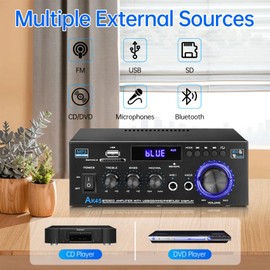 Daakro AK45 Amplifier Stereo Receiver Bluetooth 5.0 Power Amp 2 Channel 300W Home Audio Amplifier w/USB/SD Card/BT/Mic Input for Home/Garage/Ceiling/Passive Speaker Theater System