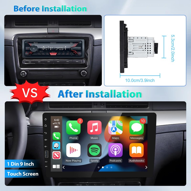 9 Inch Car Stereo Single Din Radio with Wireless Apple