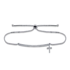 Hoops & Loops Sterling Silver Cubic Zirconia Cross & Bar Adjustable Pull String Bracelet
