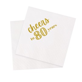 VOWFOO Servilletas de cóctel de 80 cumpleaños, 100 servilletas desechables de papel de felicitación a 80 años, para decoración de mesa de fiesta de cumpleaños 80, 5 x 5 de dos capas (saludos a 80 años)